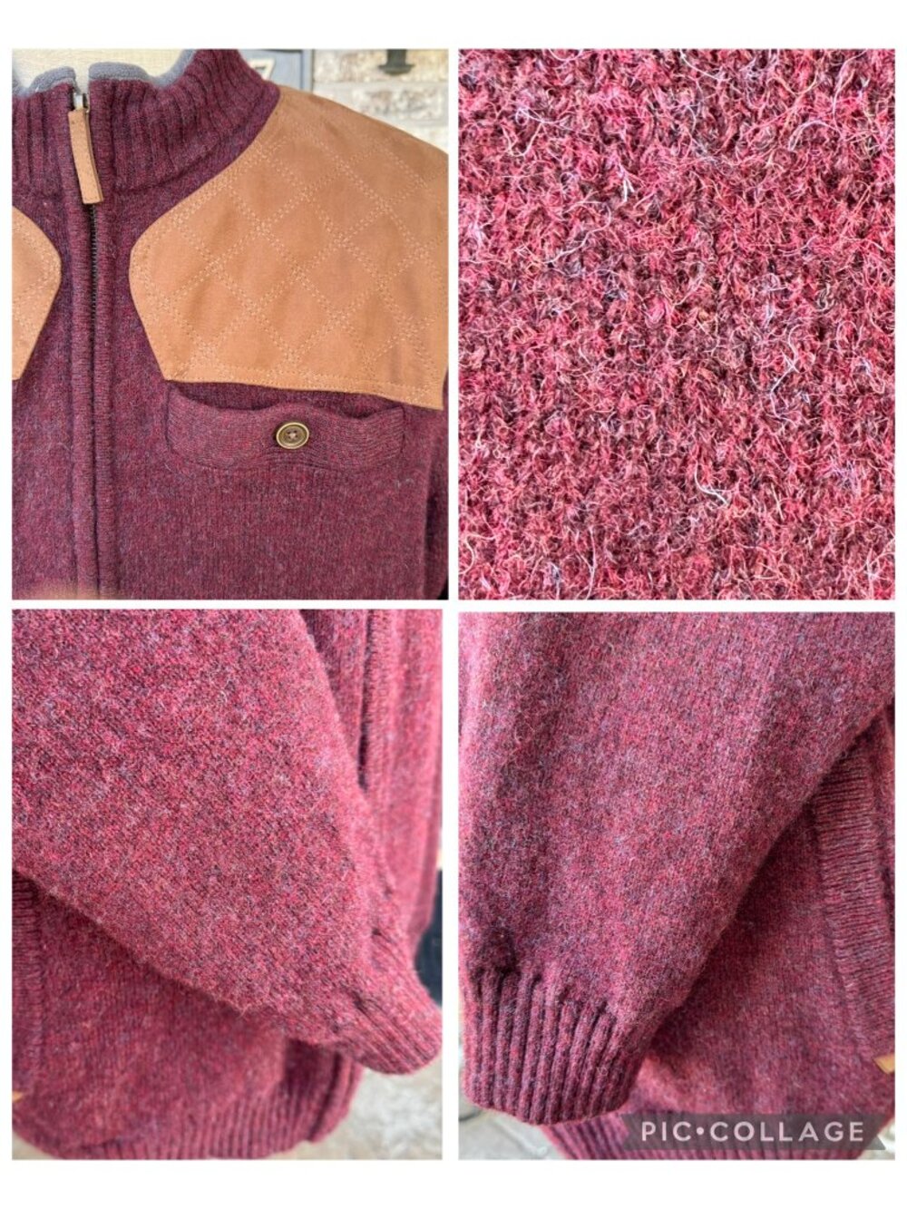 Duluth Trading Mens Shetland Wool Blend Zip-Up Jacket Burgundy 2XL Suede Accents - Picture 15 of 15